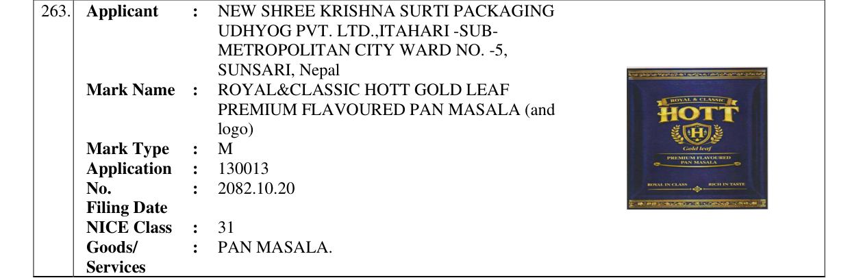 Original bulletin entry for ROYAL&CLASSIC HOTT GOLD LEAF PREMIUM FLAVOURED PAN MASALA (and logo)