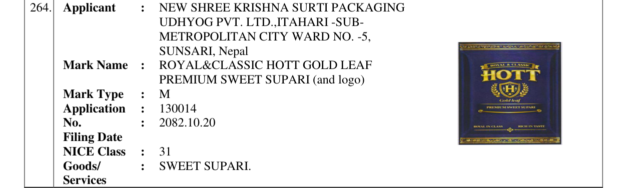 Original bulletin entry for ROYAL&CLASSIC HOTT GOLD LEAF PREMIUM SWEET SUPARI (and logo)