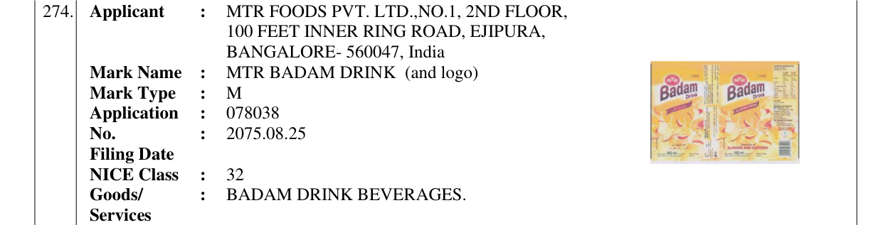 Original bulletin entry for MTR BADAM DRINK (and logo)