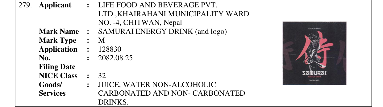 Original bulletin entry for SAMURAI ENERGY DRINK with Logo