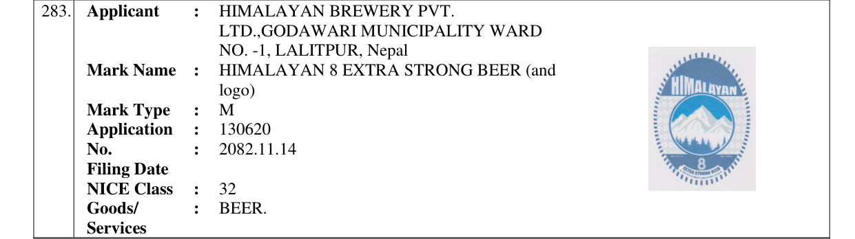 Original bulletin entry for HIMALAYAN 8 EXTRA STRONG BEER (and logo)