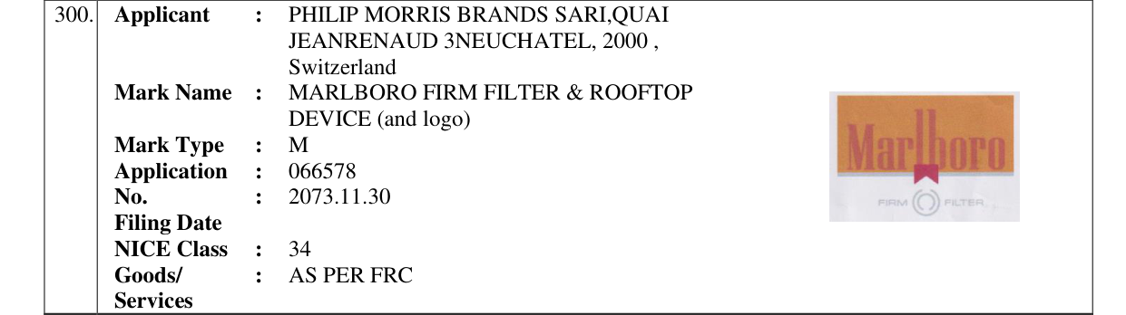 Original bulletin entry for MARLBORO FIRM FILTER & ROOFTOP DEVICE (and logo)