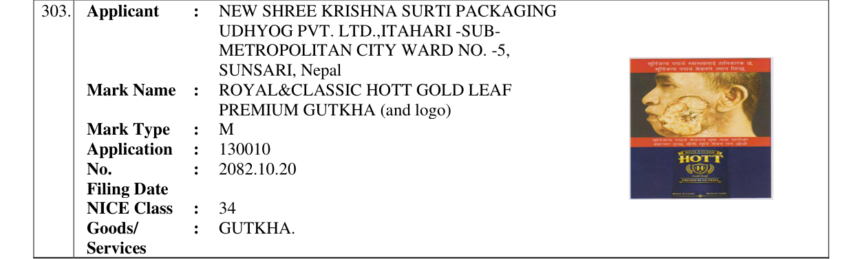 Original bulletin entry for ROYAL&CLASSIC HOTT GOLD LEAF PREMIUM GUTKHA (and logo)