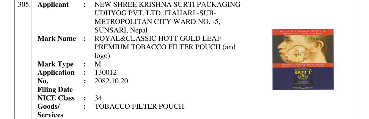 Original bulletin entry for ROYAL&CLASSIC HOTT GOLD LEAF PREMIUM TOBACCO FILTER POUCH (and logo)