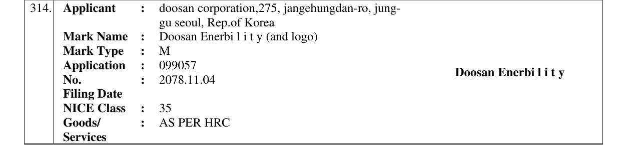Original bulletin entry for Doosan Enerbi l i t y (and logo)
