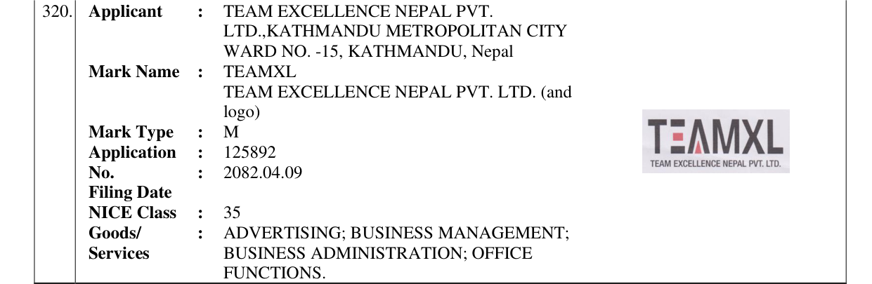 Original bulletin entry for TEAMXL TEAM EXCELLENCE NEPAL PVT. LTD. (and logo)