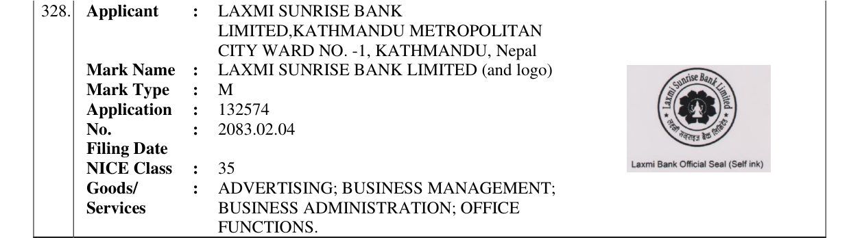 Original bulletin entry for LAXMI SUNRISE BANK LIMITED (and logo)
