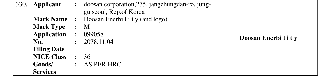 Original bulletin entry for Doosan Enerbi l i t y (and logo)