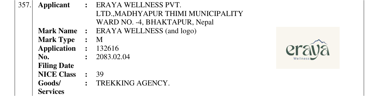 Original bulletin entry for ERAYA WELLNESS (and logo)