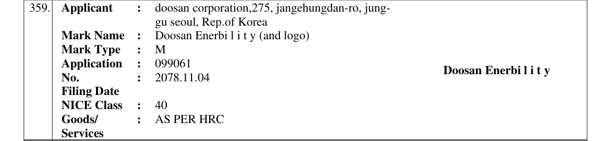 Original bulletin entry for Doosan Enerbi l i t y (and logo)