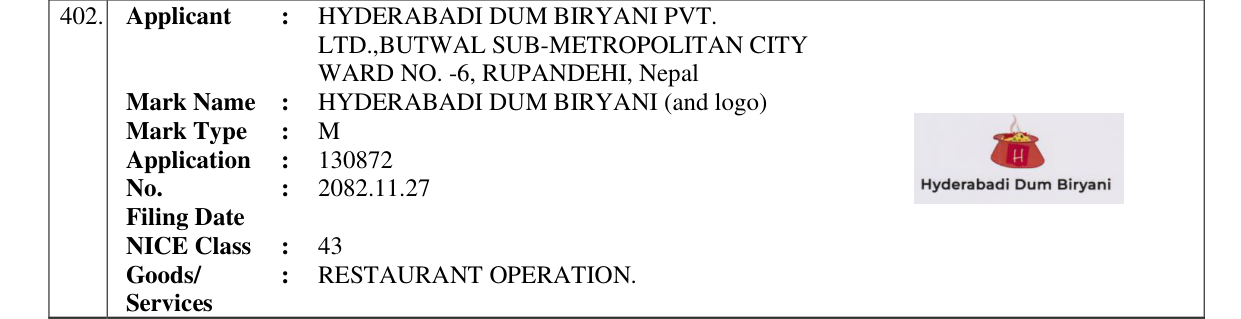 Original bulletin entry for HYDERABADI DUM BIRYANI (and logo)