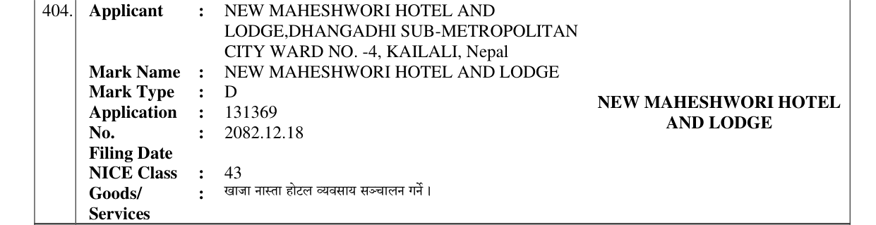 Original bulletin entry for NEW MAHESHWORI HOTEL AND LODGE
