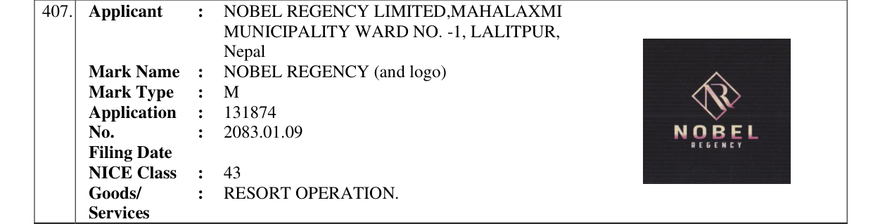 Original bulletin entry for NOBEL REGENCY (and logo)
