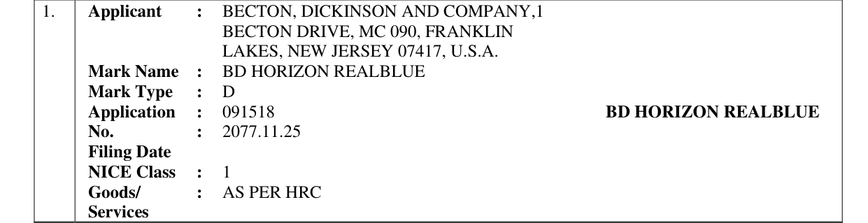 Original bulletin entry for BD HORIZON REALBLUE