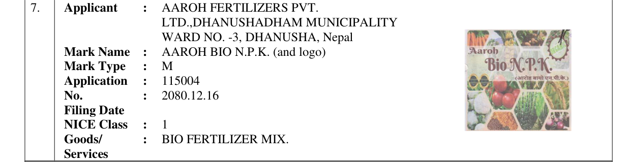 Original bulletin entry for AAROH BIO N.P.K. (and logo)