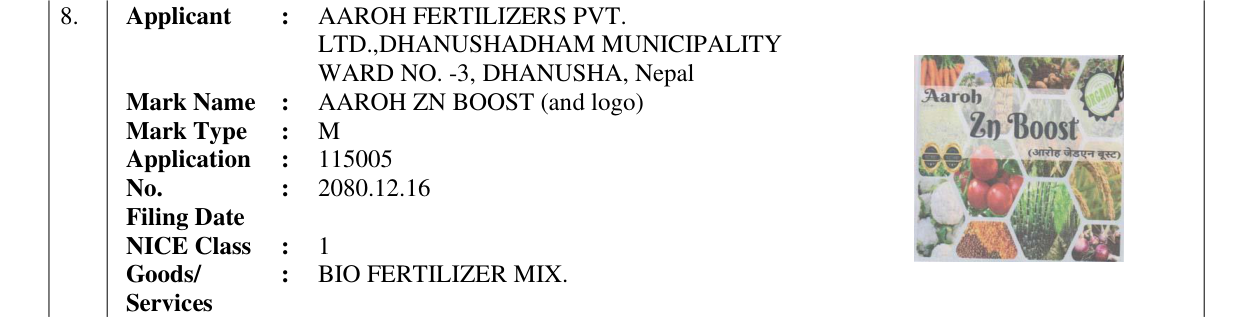 Original bulletin entry for AAROH ZN BOOST (and logo)