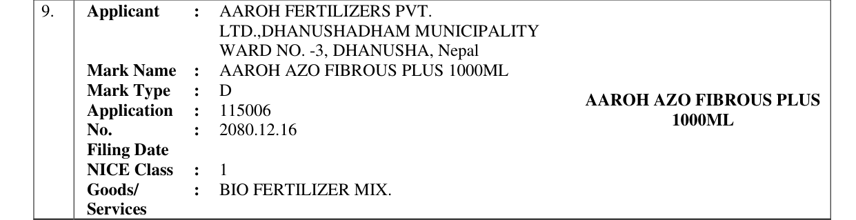 Original bulletin entry for AAROH AZO FIBROUS PLUS 1000ML