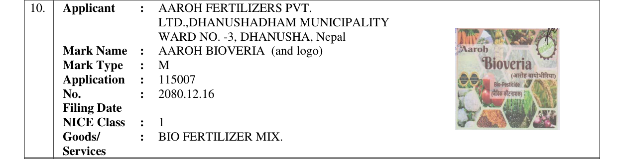 Original bulletin entry for AAROH BIOVERIA (and logo)