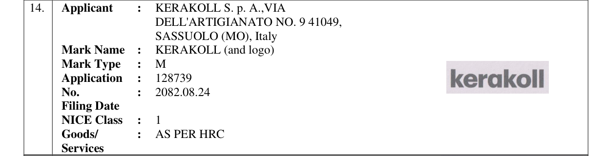 Original bulletin entry for KERAKOLL (and logo)