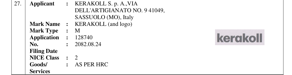 Original bulletin entry for KERAKOLL (and logo)