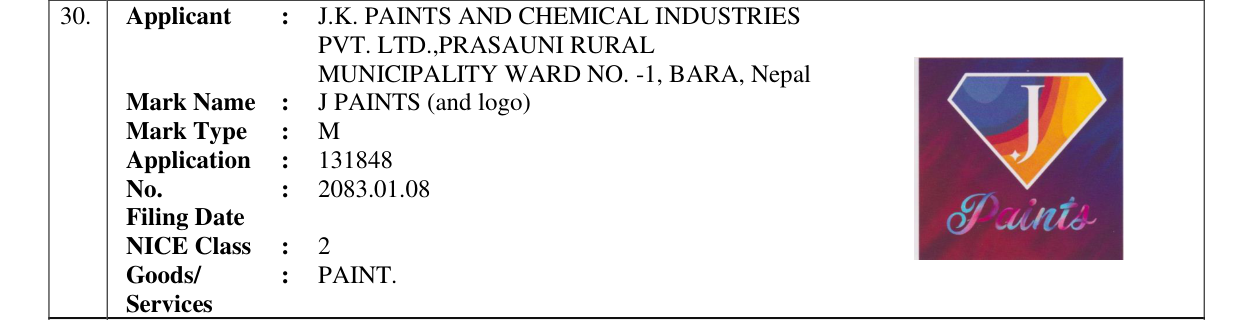 Original bulletin entry for J PAINTS (and logo)