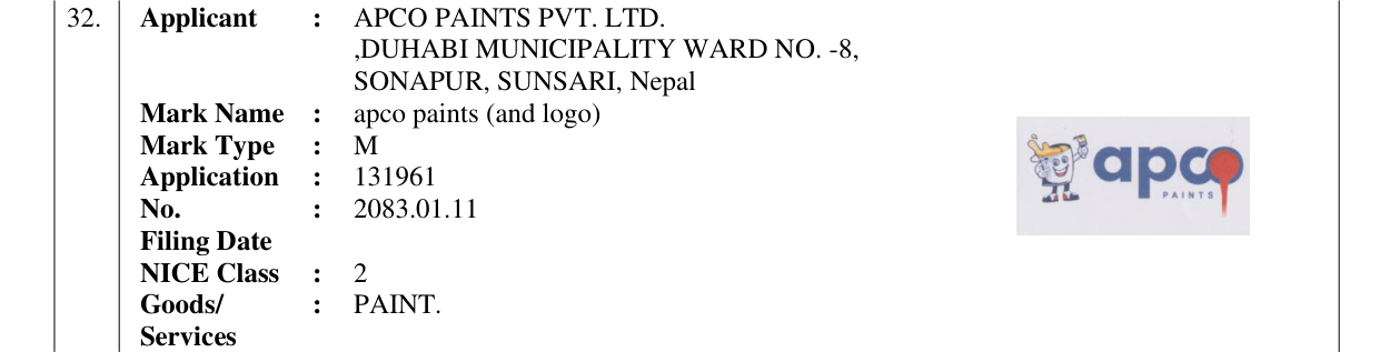 Original bulletin entry for apco paints (and logo)