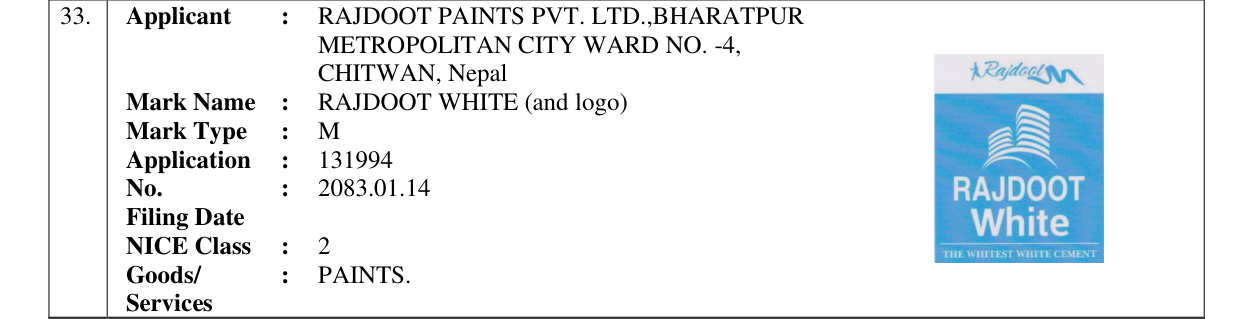 Original bulletin entry for RAJDOOT WHITE (and logo)