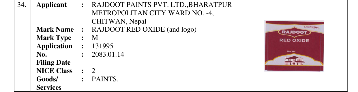 Original bulletin entry for RAJDOOT RED OXIDE (and logo)