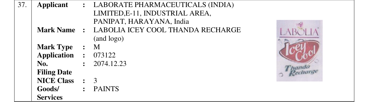 Original bulletin entry for LABOLIA ICEY COOL THANDA RECHARGE (and logo)