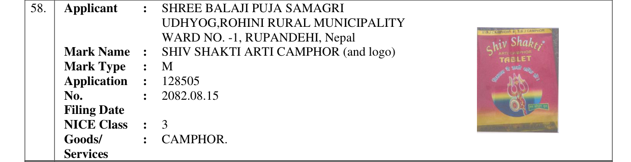Original bulletin entry for SHIV SHAKTI ARTI CAMPHOR (and logo)