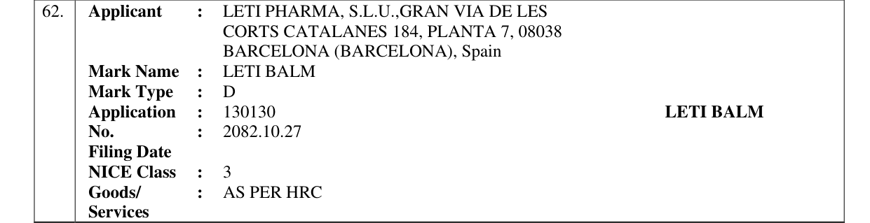 Original bulletin entry for LETI BALM