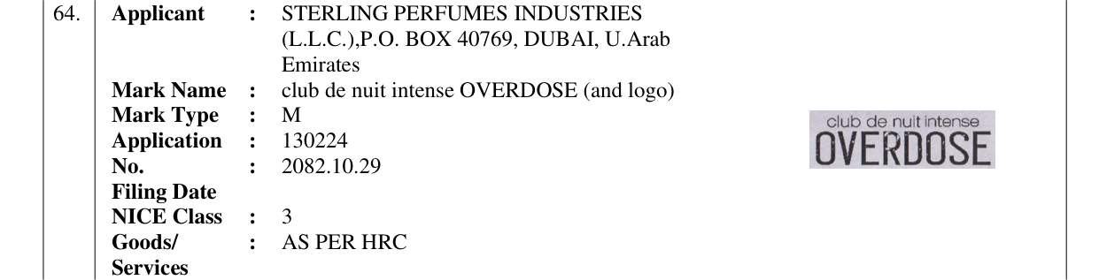 Original bulletin entry for club de nuit intense OVERDOSE (and logo)