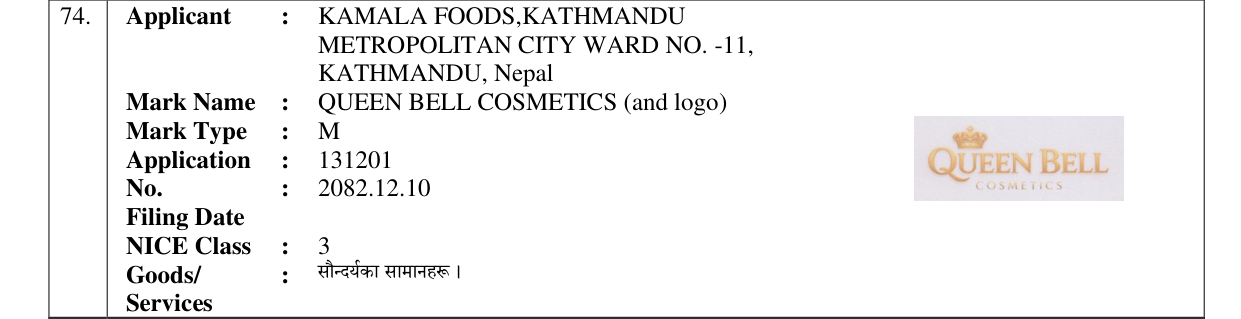 Original bulletin entry for QUEEN BELL COSMETICS (and logo)