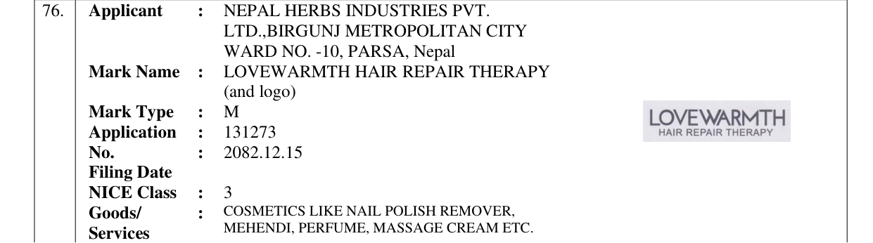 Original bulletin entry for LOVEWARMTH HAIR REPAIR THERAPY (and logo)