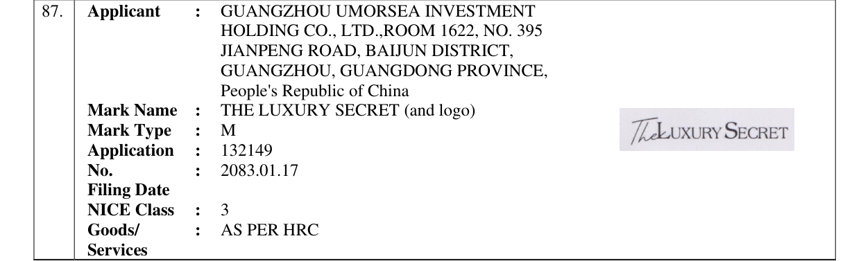 Original bulletin entry for THE LUXURY SECRET (and logo)