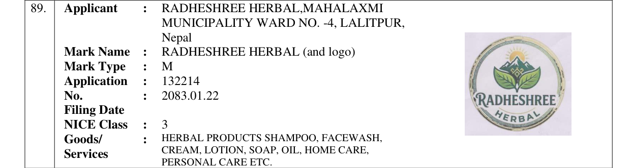 Original bulletin entry for RADHESHREE HERBAL (and logo)