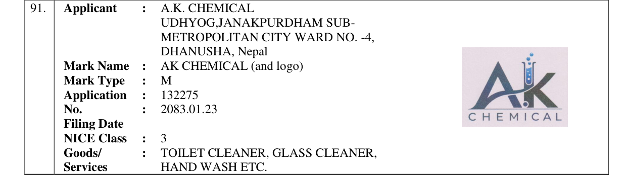 Original bulletin entry for AK CHEMICAL (and logo)