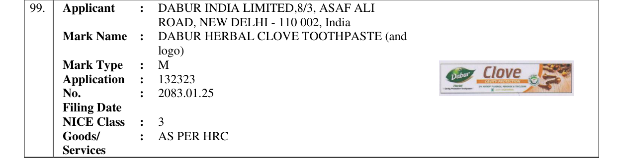 Original bulletin entry for DABUR HERBAL CLOVE TOOTHPASTE (and logo)