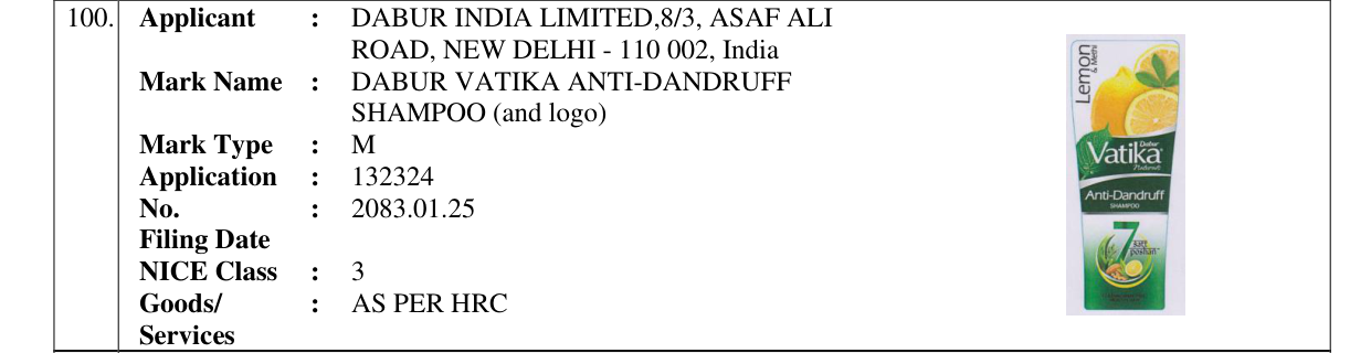 Original bulletin entry for DABUR VATIKA ANTI-DANDRUFF SHAMPOO (and logo)