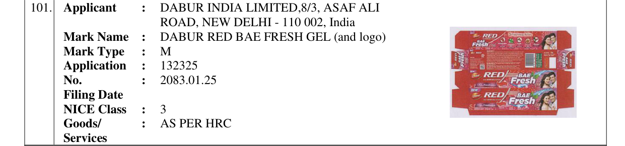 Original bulletin entry for DABUR RED BAE FRESH GEL (and logo)