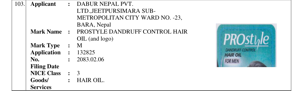 Original bulletin entry for PROSTYLE DANDRUFF CONTROL HAIR OIL (and logo)