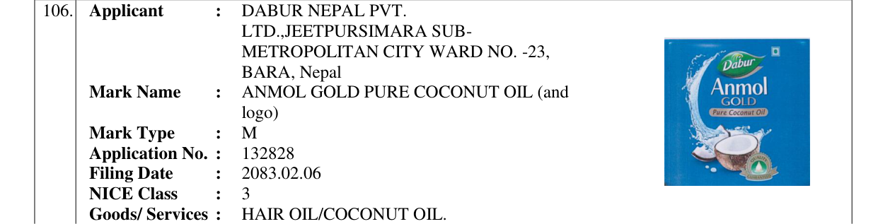 Original bulletin entry for ANMOL GOLD PURE COCONUT OIL (and logo)