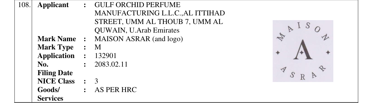 Original bulletin entry for MAISON ASRAR (and logo)