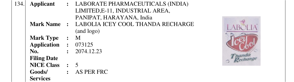 Original bulletin entry for LABOLIA ICEY COOL THANDA RECHARGE (and logo)