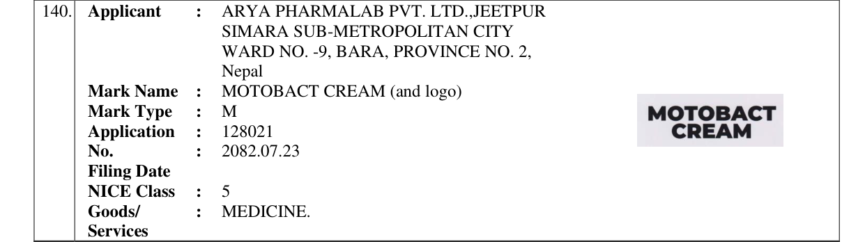 Original bulletin entry for MOTOBACT CREAM (and logo)