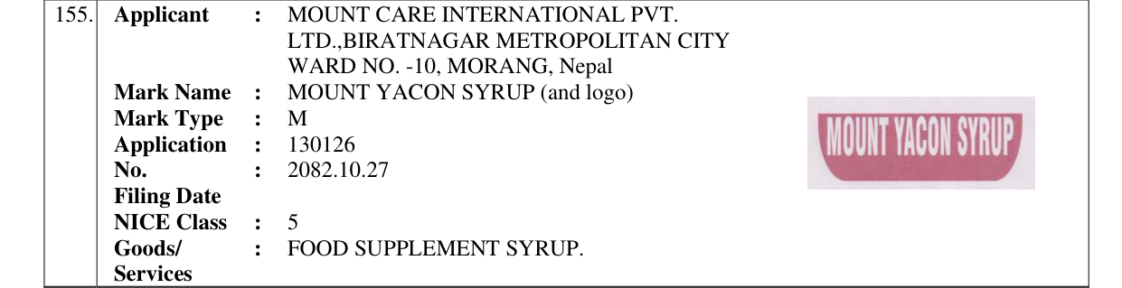 Original bulletin entry for MOUNT YACON SYRUP (and logo)