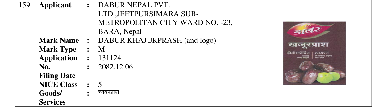 Original bulletin entry for DABUR KHAJURPRASH (and logo)