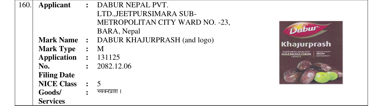 Original bulletin entry for DABUR KHAJURPRASH (and logo)