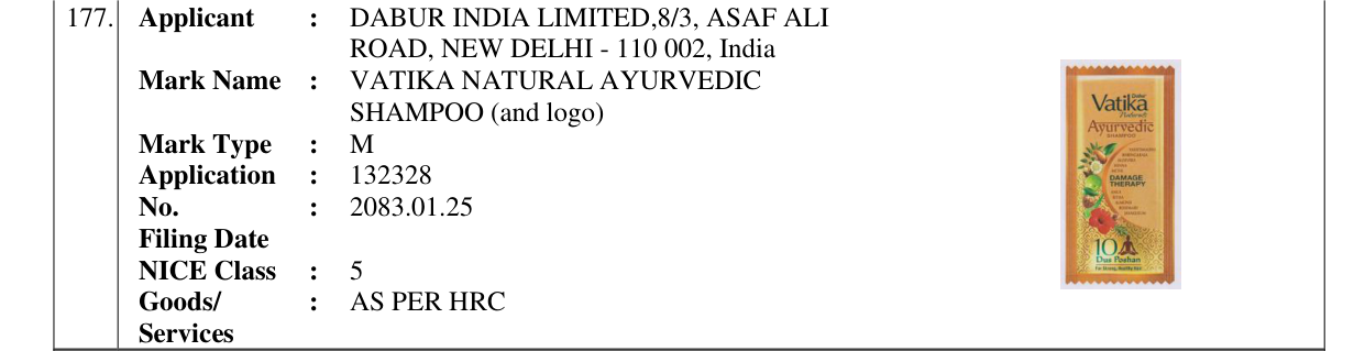 Original bulletin entry for VATIKA NATURAL AYURVEDIC SHAMPOO (and logo)