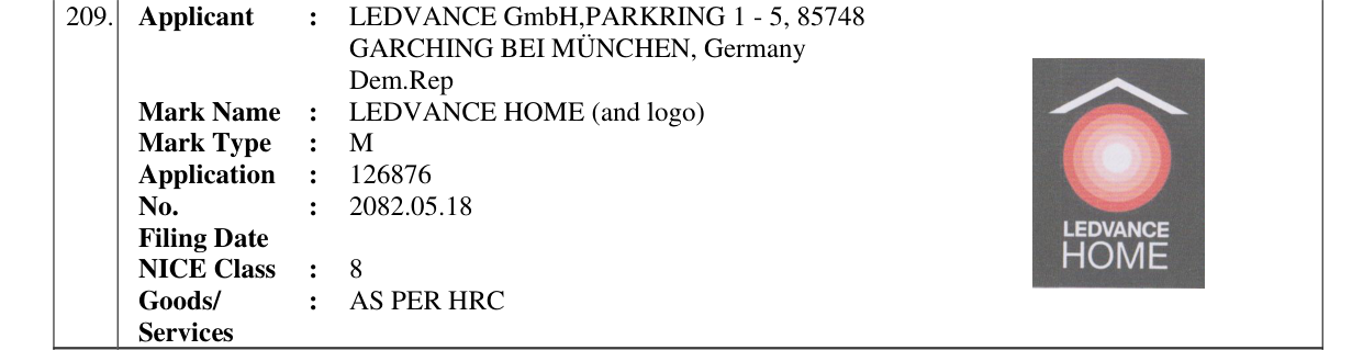Original bulletin entry for LEDVANCE HOME (and logo)